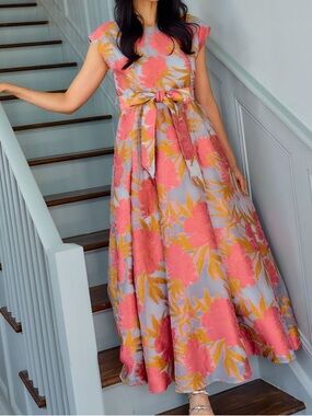 Abbey Glass Olivia Gown Hot Coral Pansy Vine Organza Pink Floral Jacquard Dress